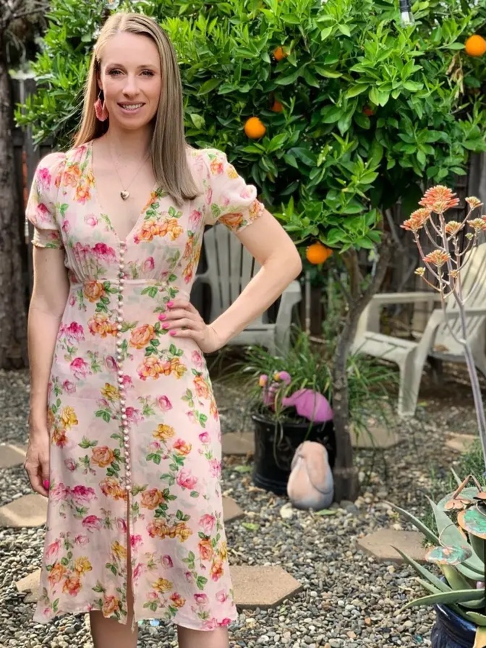 The Kooples Silk Floral Midi Dress V-Neck Covered Buttons Pink Cream